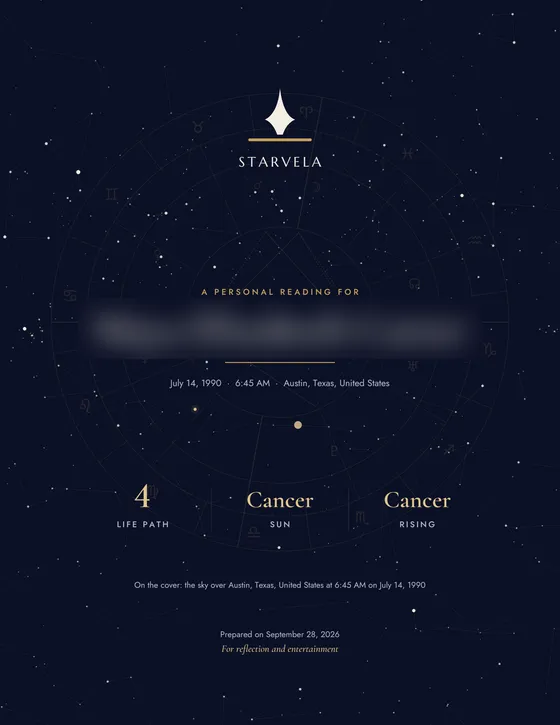 The cover of a Starvela reading, with the name blurred