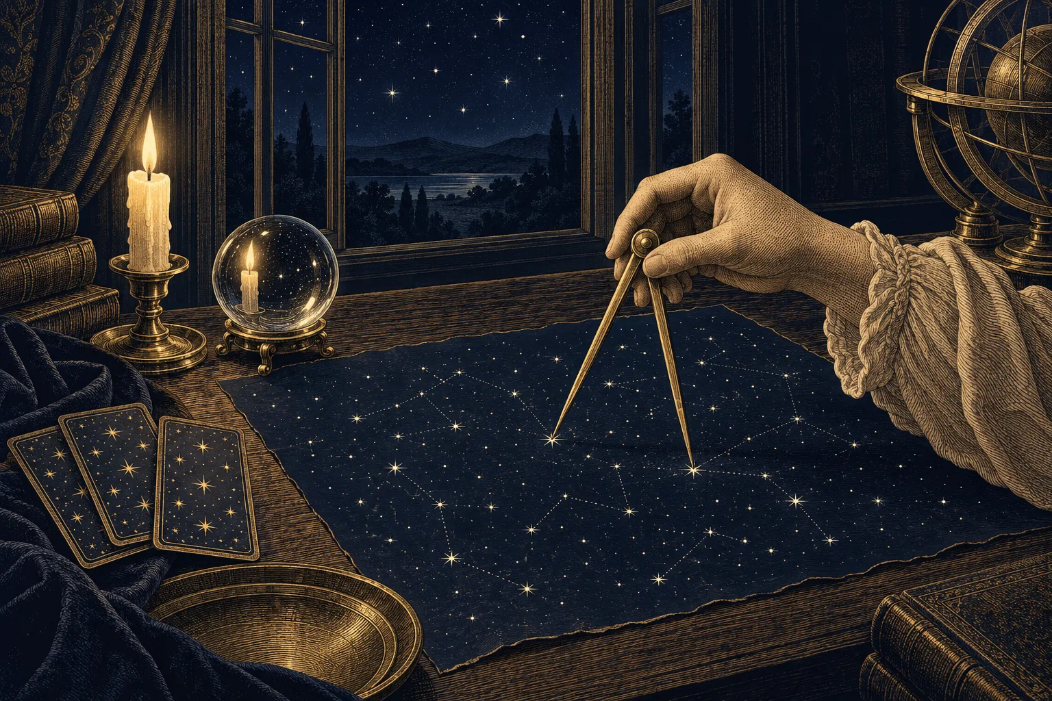 How to calculate a life path number: a hand measuring a star chart with brass dividers by candlelight, beside a crystal ball and tarot cards.