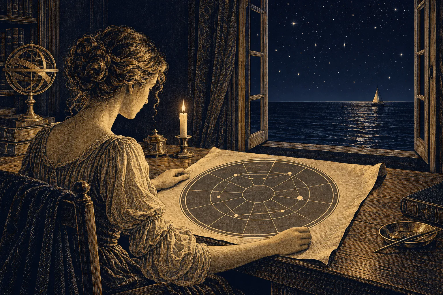 How to read a birth chart: a woman studying a large chart wheel by candlelight, the night sea and a small sailboat through the window.