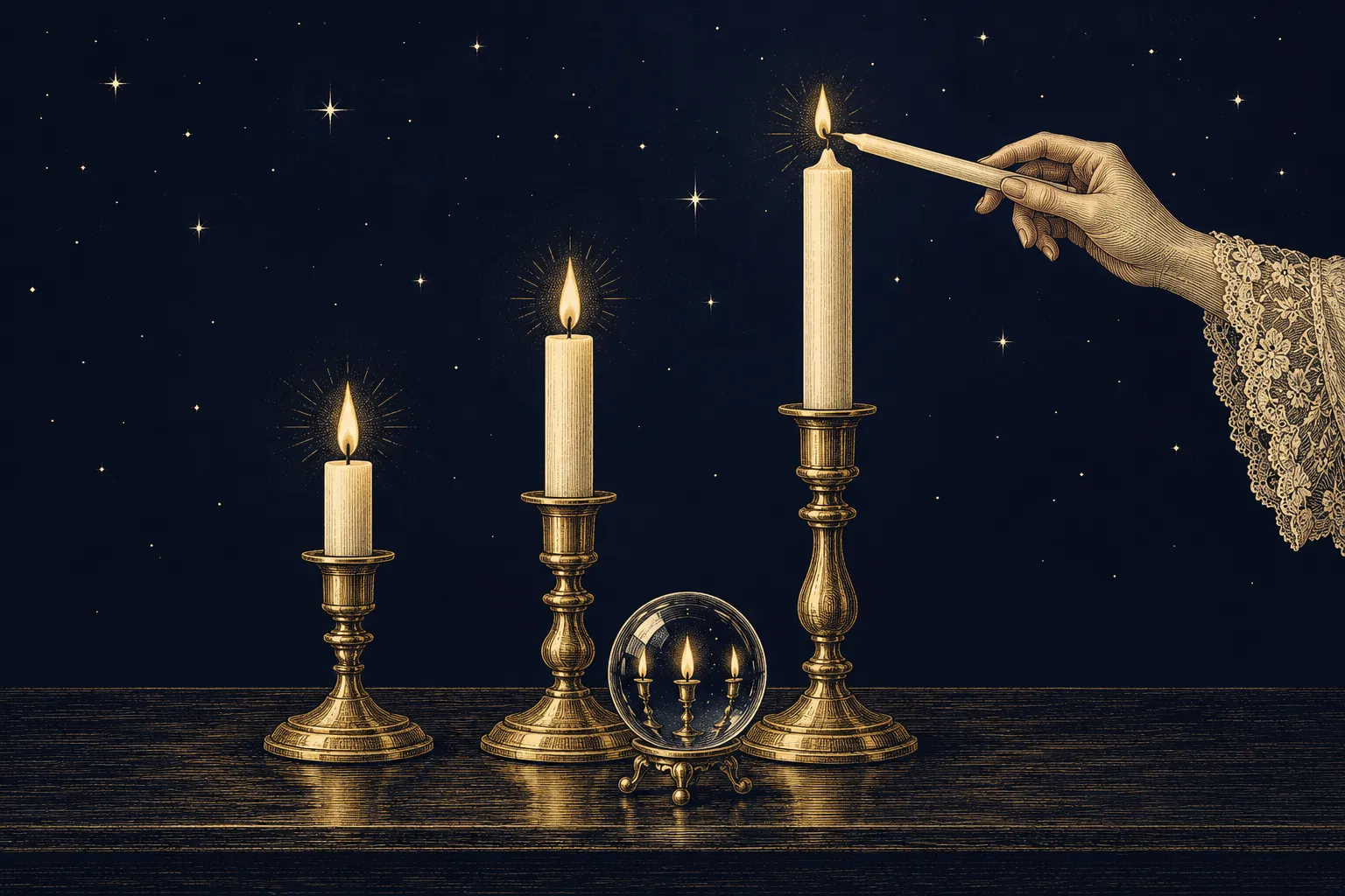 Master numbers: a hand lighting the tallest of three candles of rising height, a crystal ball reflecting their flames.