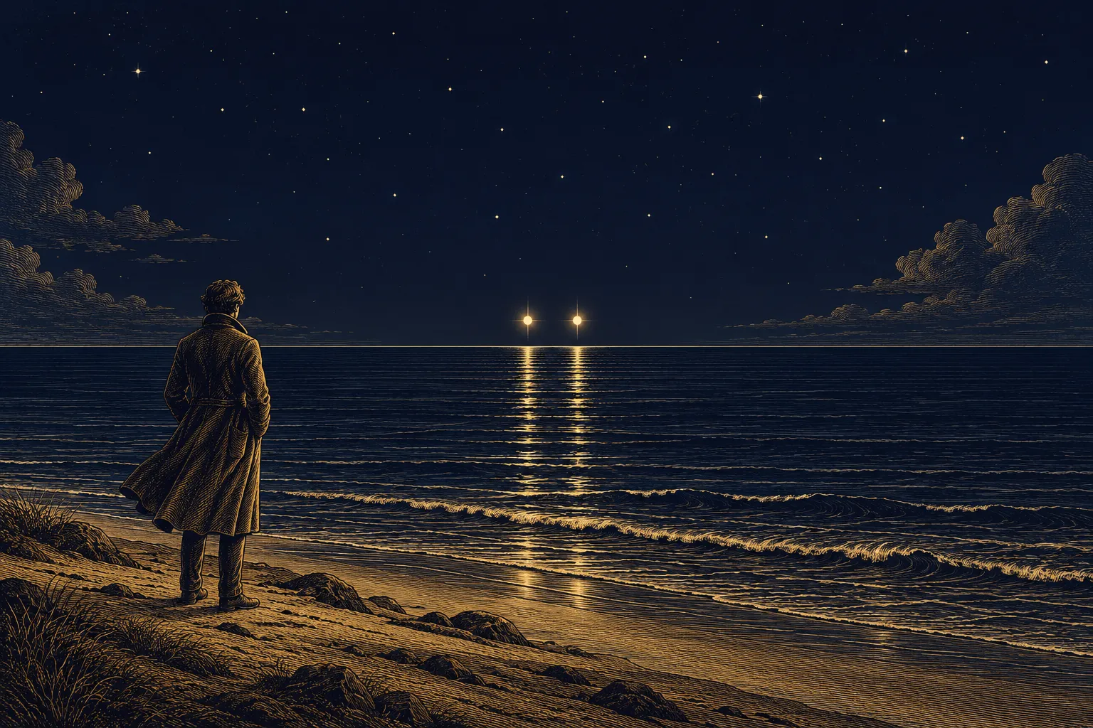 Numerology 2027: a person on a quiet shore at night, looking at two bright stars side by side above the sea.