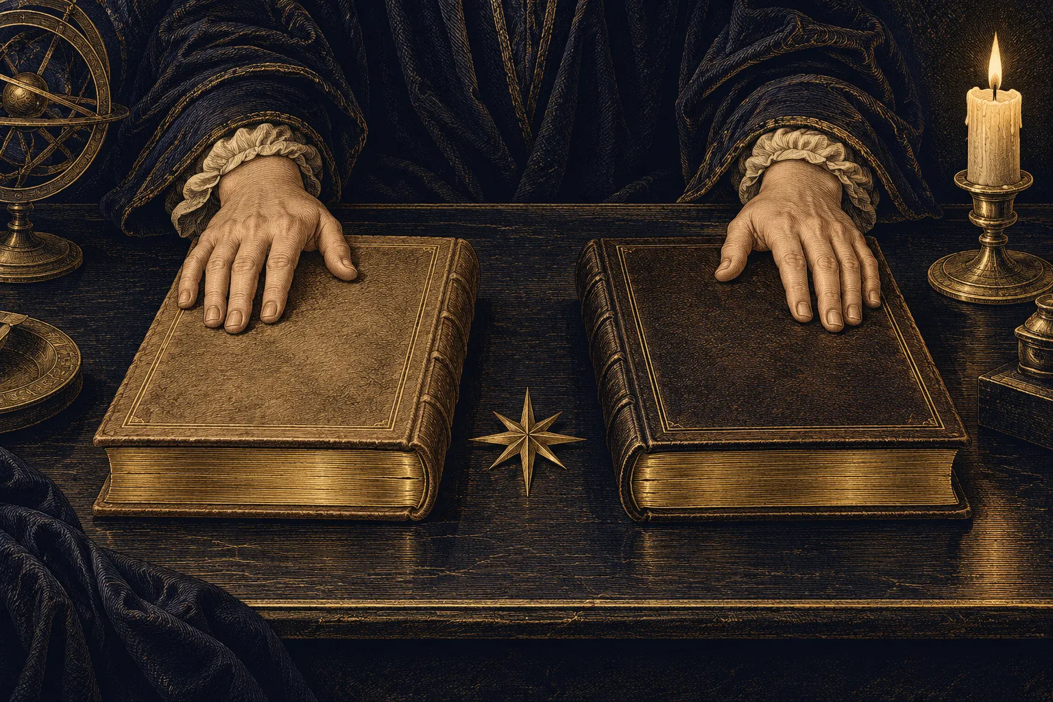 Pythagorean vs Chaldean numerology: two hands resting on two closed antique books set side by side, by candlelight.