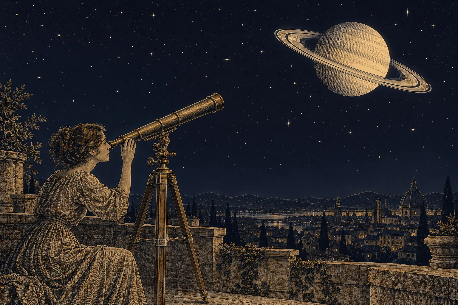 Saturn return: a young woman at a brass telescope on a rooftop, looking up at Saturn and its rings above a city at night.
