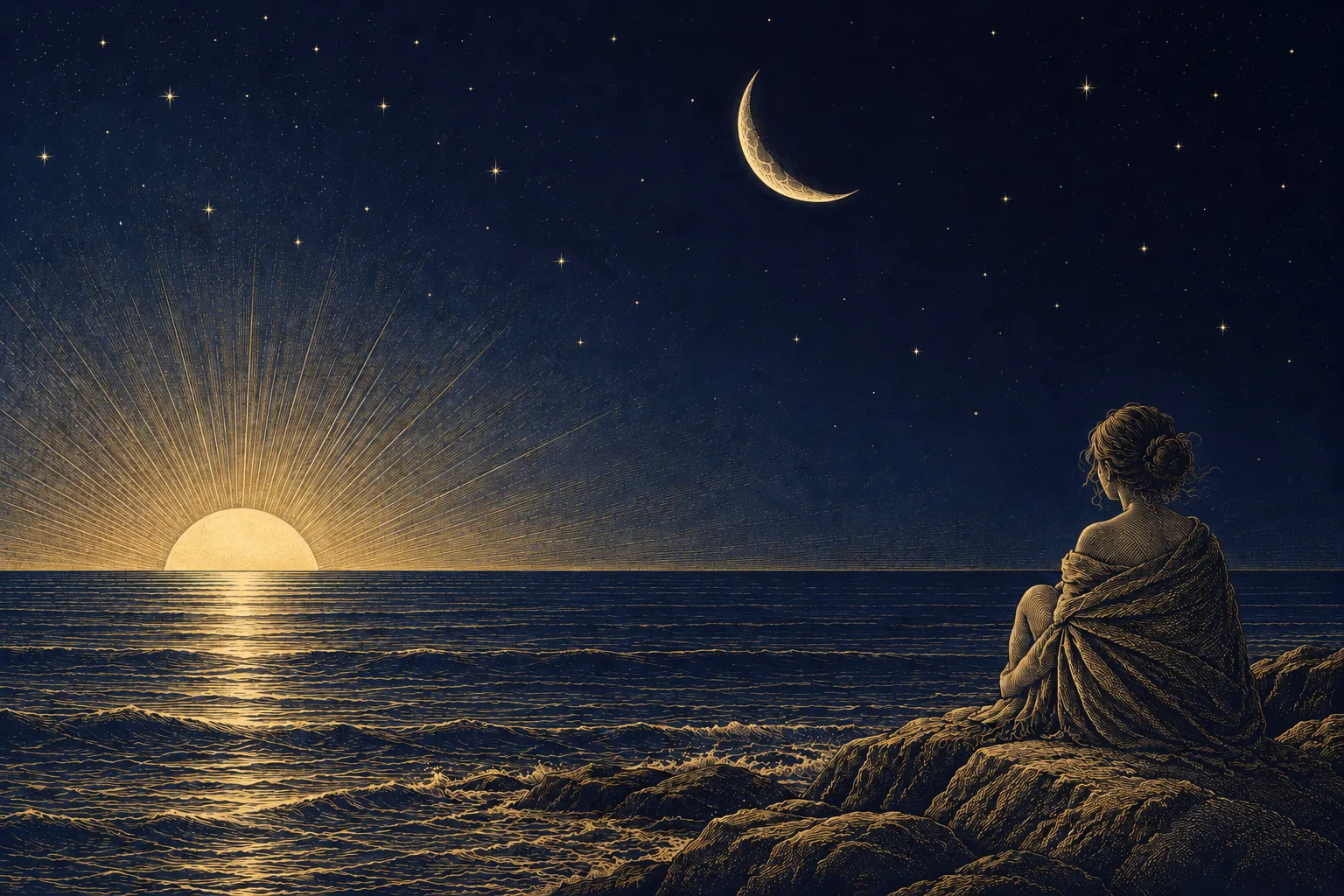 Sun sign, Moon sign and rising sign: a woman sitting on a rocky shore at dawn, watching the Sun rise over the sea under a thin crescent Moon.