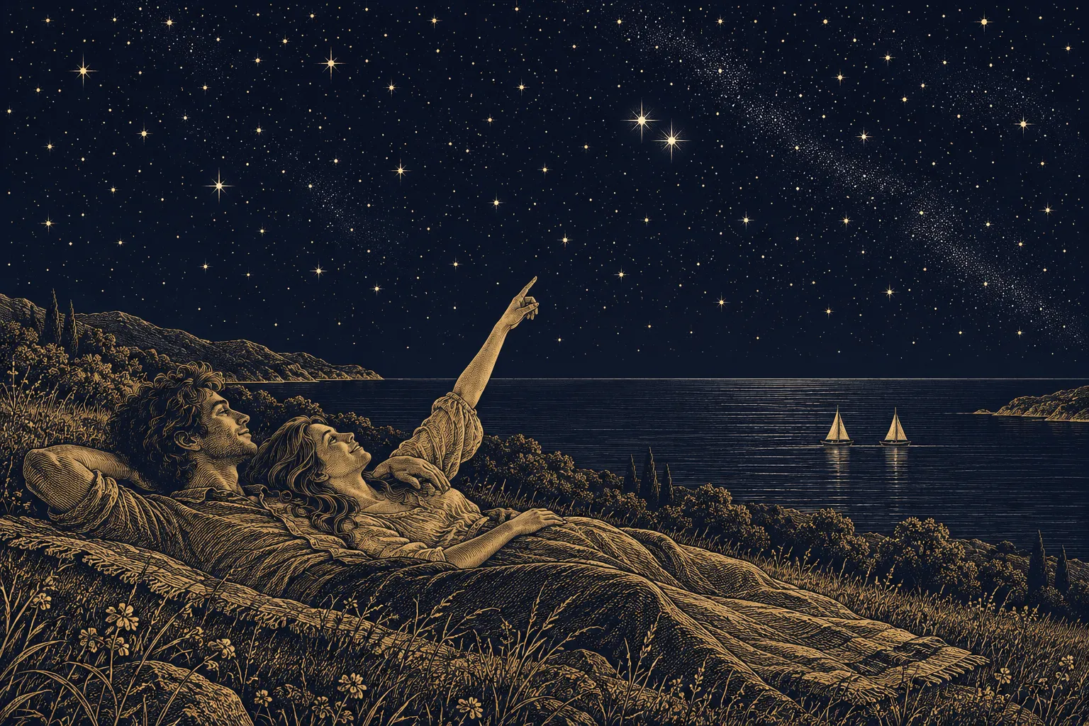 Synastry: a couple lying on a hillside at night, pointing at two bright stars, with two small sailboats on the sea below.